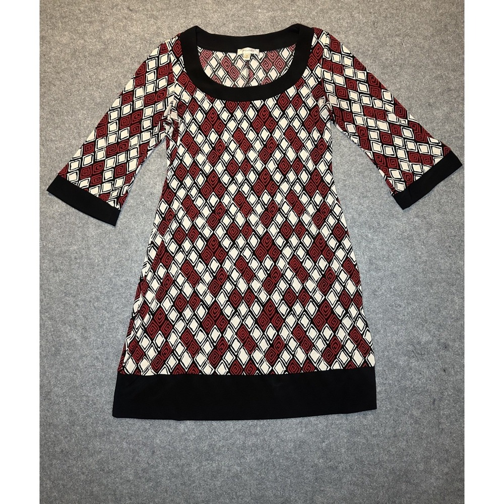 Dressbarn Geometric Diamond Print Shift Dress Medium Red Black White 3/4 Sleeve